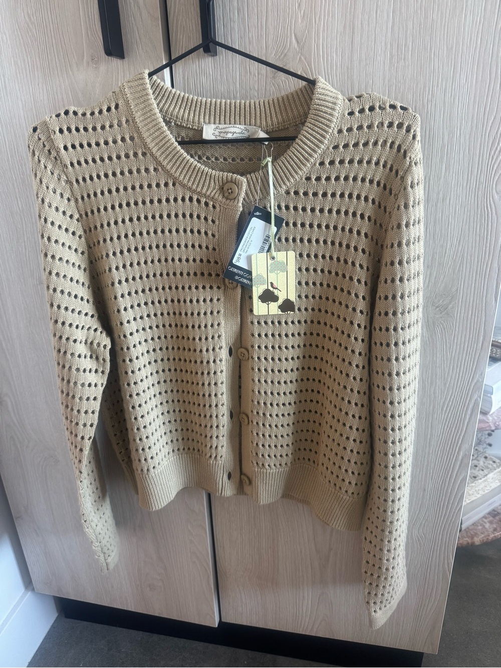 Beige Openwork Knit Button-Up Cardigan - Picture 3 of 5